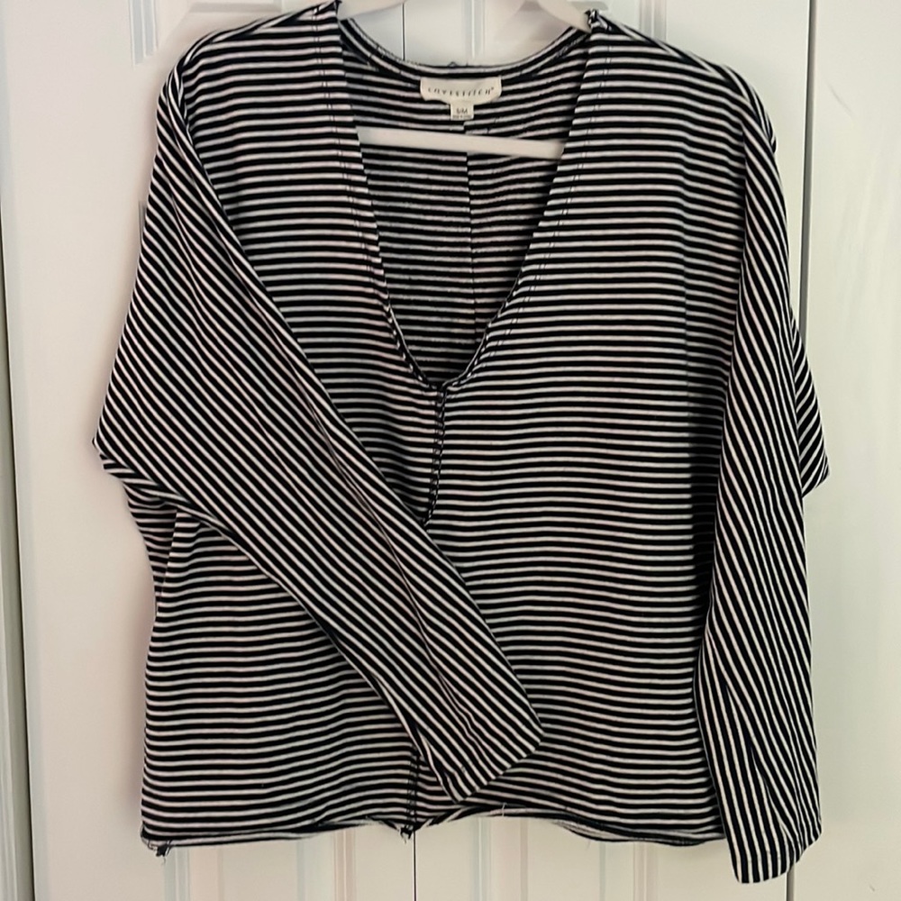 Navy and white striped v-neck French Terry shirt